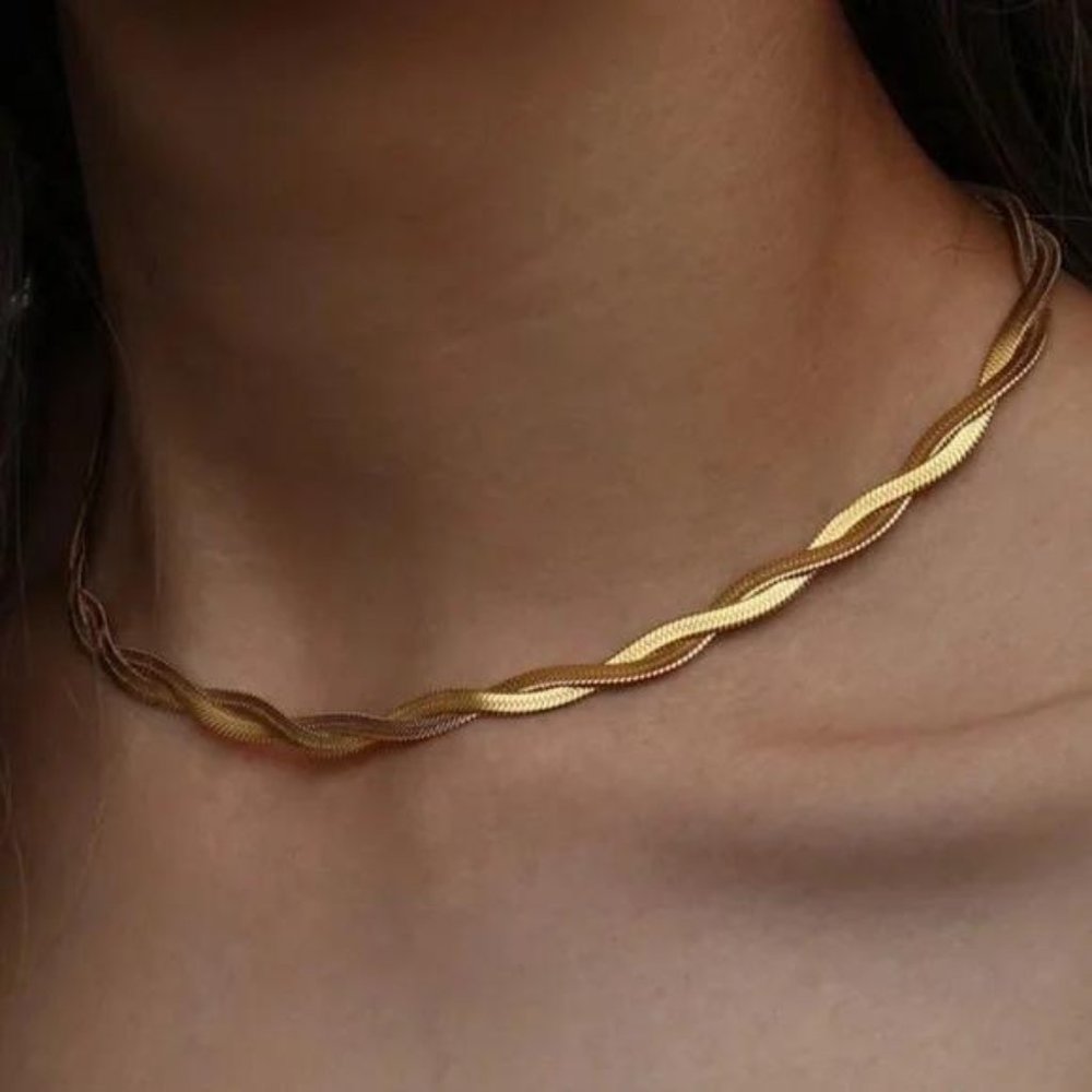 NEW DOUBLE LAYER HERRINGBONE 18K GOLD CHAIN NECKLACE - Picture 2 of 5